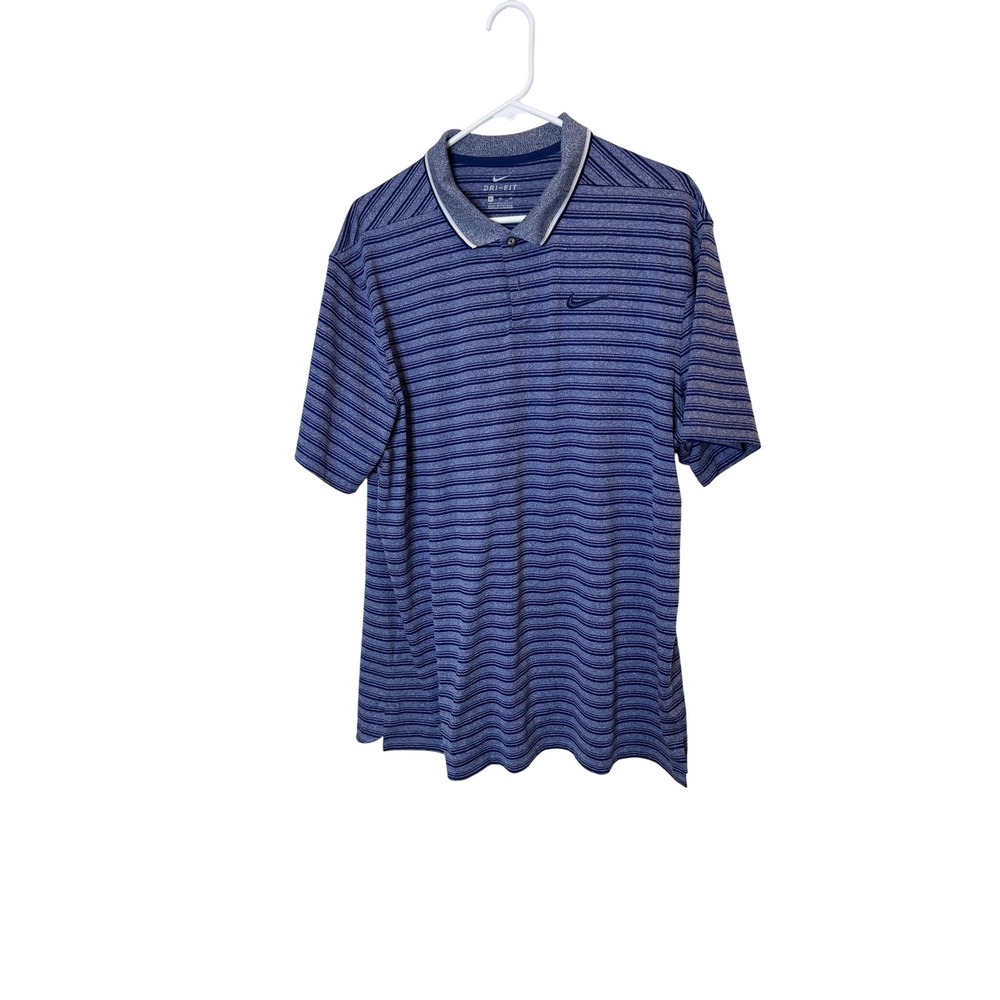 Nike Polo Shirt Mens XL Blue Striped Dri-Fit‎ Golf Performance Stretch Top